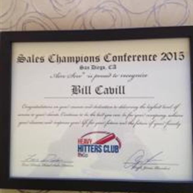 Close-up of Bill Cavill's Heavy Hitters Club 2015 certificate.