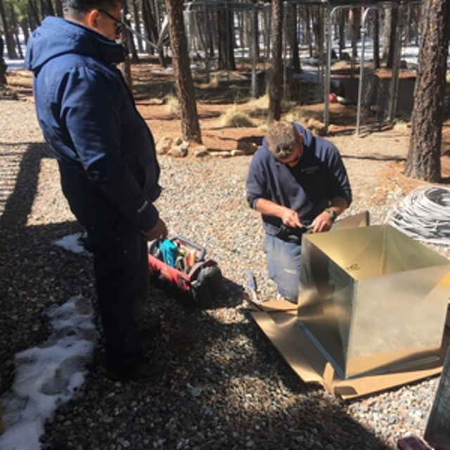 two service professionals in blue in the woods