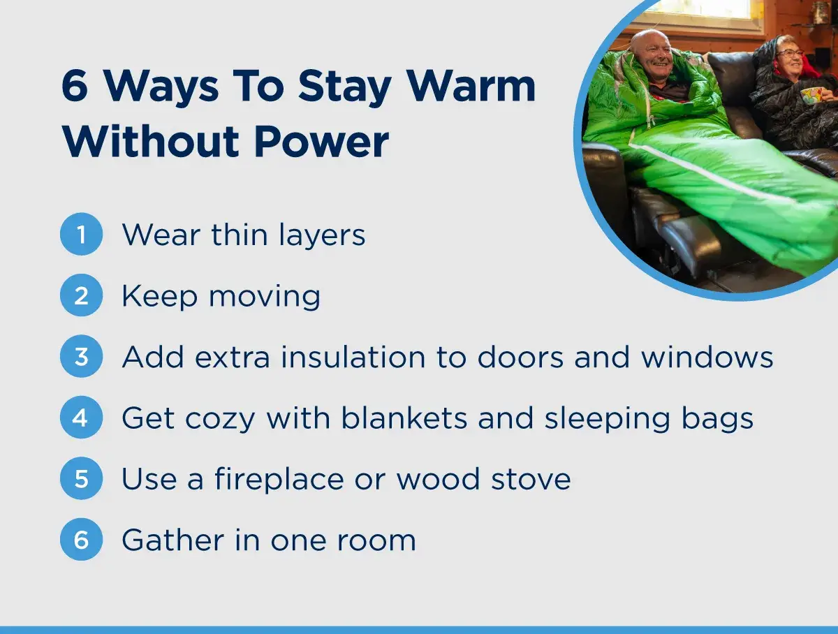 A list of ways to stay warm without power with a photo of an older couple hanging out in sleeping bags. The tips include wearing thin layers, keep moving, add extra insulation to doors and windows, get cozy with blankets and sleeping bag, use a fireplace or wood stove, and gather in one room.