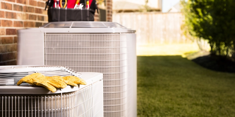 Work tools sit on an air conditioner outside residential home.