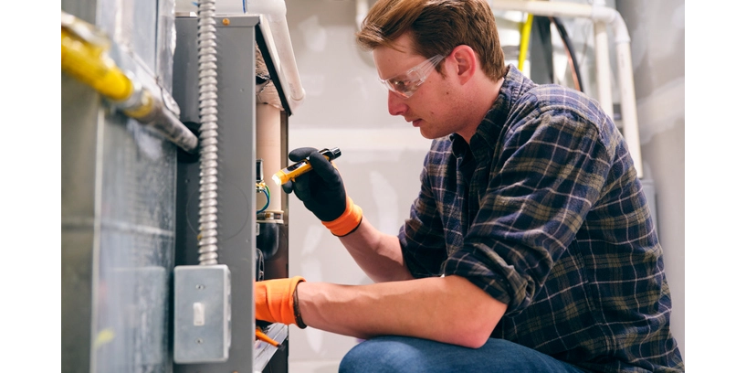 A repairman working inside a home, repairing a furnace | Aire Serv of Birminham