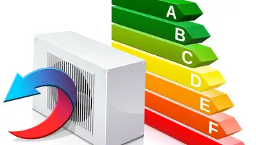 Heating appliance with an arrow changing from red to blue indicating the recovery of calories from the air with in the background the 3D symbol of energy efficiency classification.