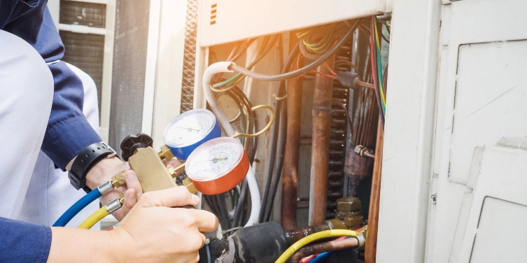 Close-up of technician holding manifold gauge beside HVAC system.