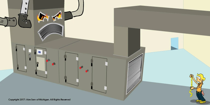 Cartoon of man measuring an angry furnace