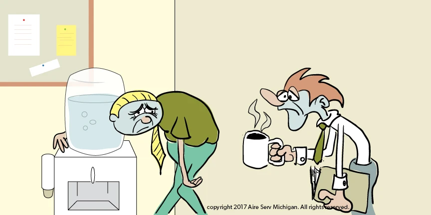 Cartoon of two tired people by a water cooler