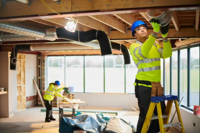 An HVAC technicians installs ductwork wearing safety gear.