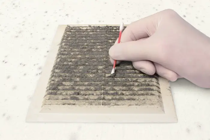 A technician with a gloved hand cleans a dirty ventilation grill next to a moldy white wall with a cotton swab.