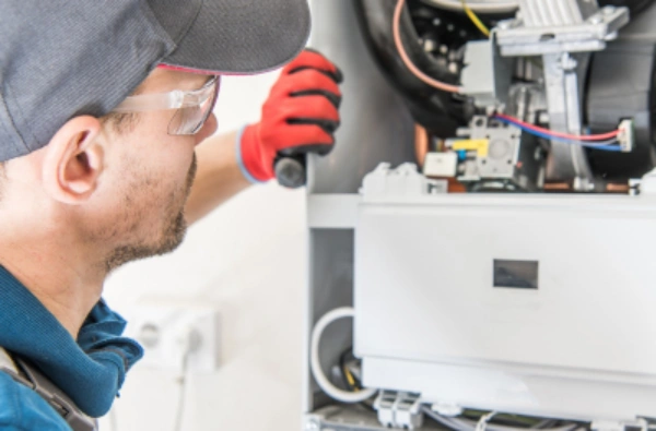 HVAC technician wearing gloves and protective glasses inspecting inside of furnace.