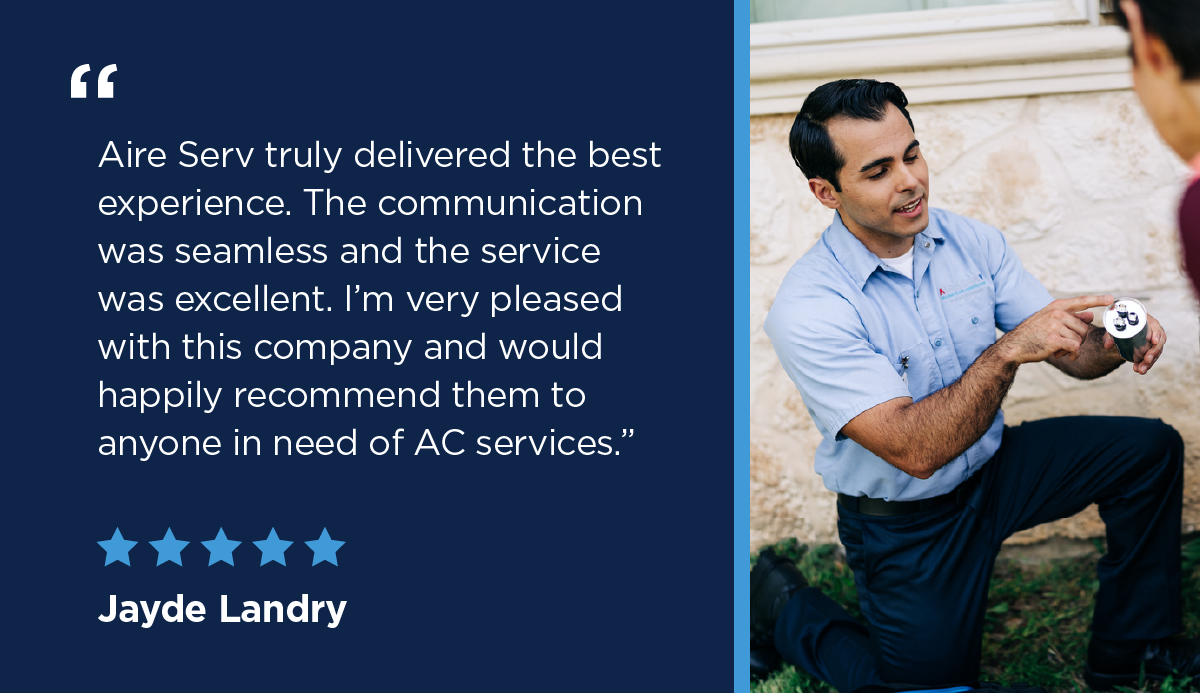 A five-star review about Aire Serv’s residential heating and air services.