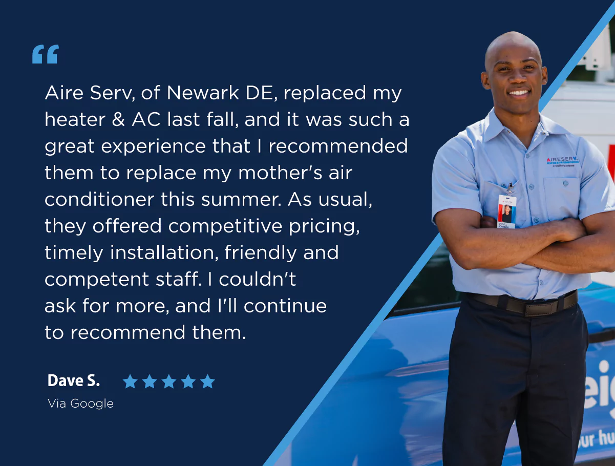 A five-star review from Dave. S via Google: “Aire Serv, of Newark DE, replaced my heater & AC last fall, and it was such a great experience that I recommended them to replace my mother’s air conditioner this summer. As usual, they offered competitive pricing, timely installation, friendly and competent staff. I couldn’t ask for more, and I’ll continue to recommend them.”