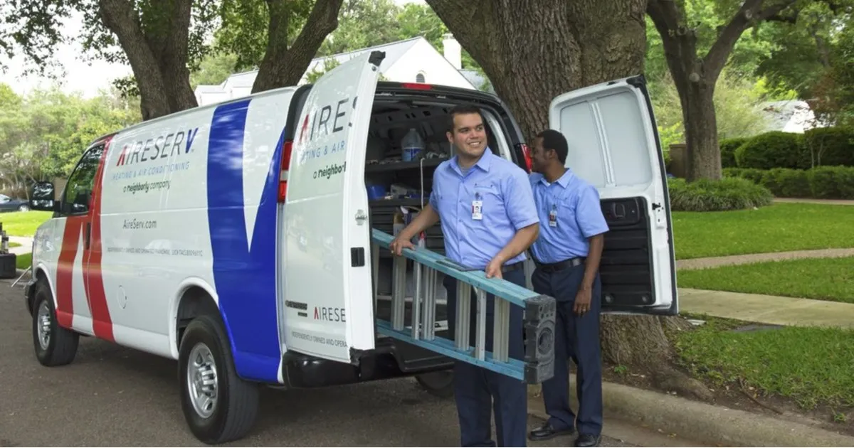 Aire Serv service professionals unloading ladder from van to perform air conditioning replacement in McKinney.