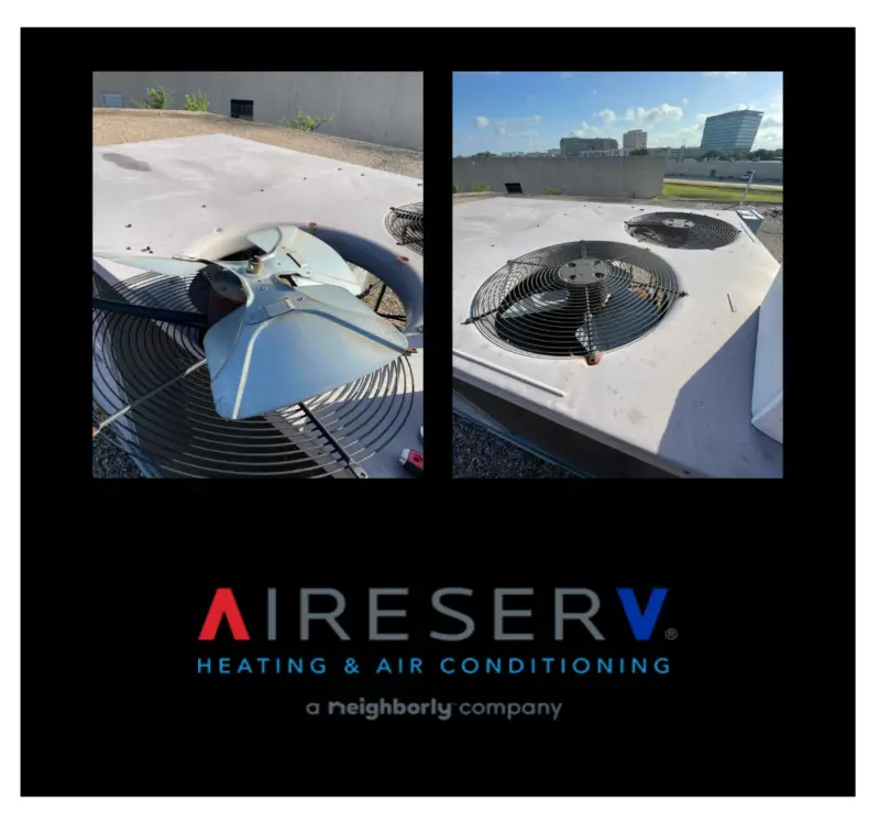 A commercial condenser fan on the roof of a building before and after new fan blades have been installed by Aire Serv.