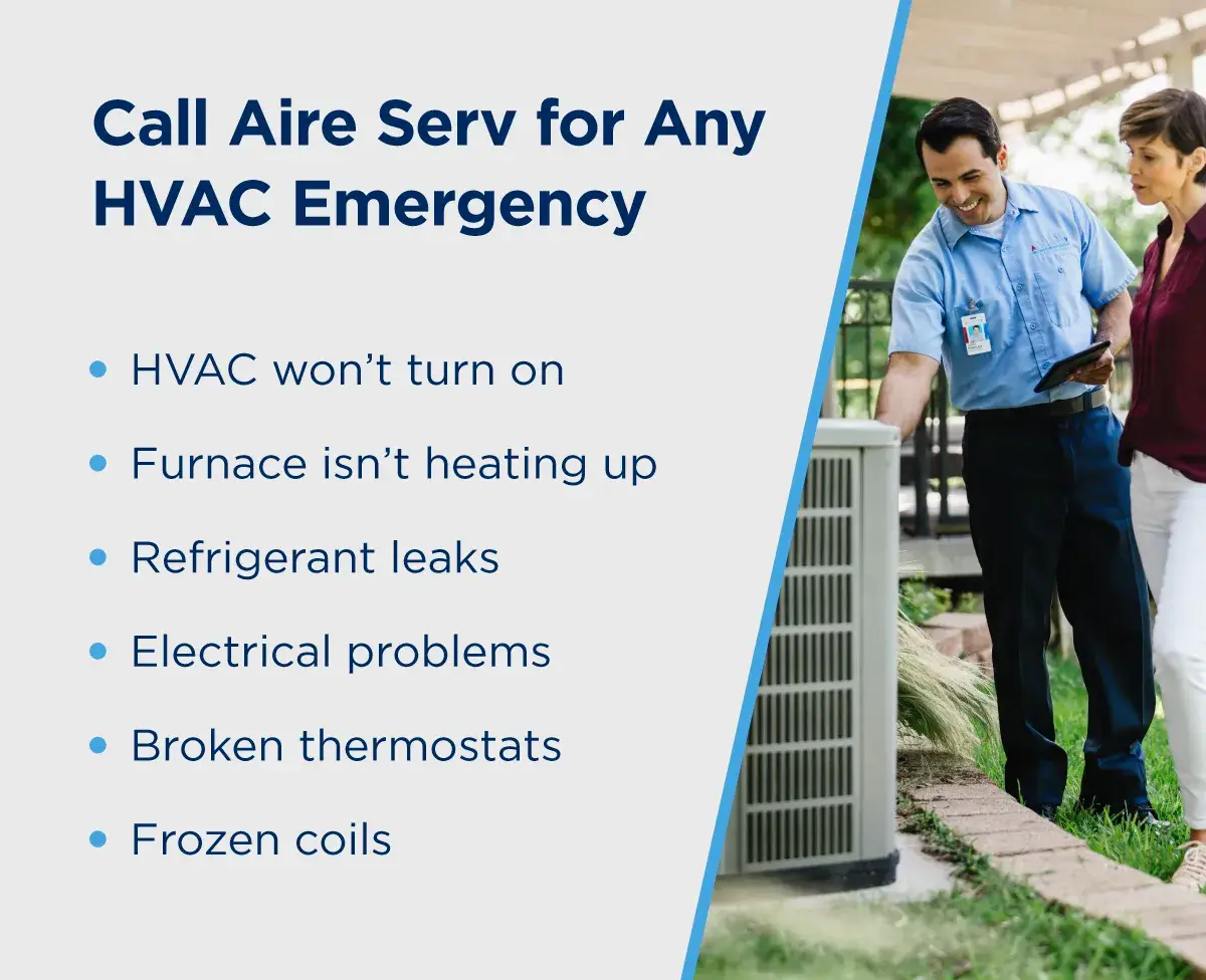 Call Aire Serv for HVAC emergencies like a system that won’t turn on, furnace that won’t heat up, refrigerant leaks, electrical problems, broken thermostats, or frozen coils.