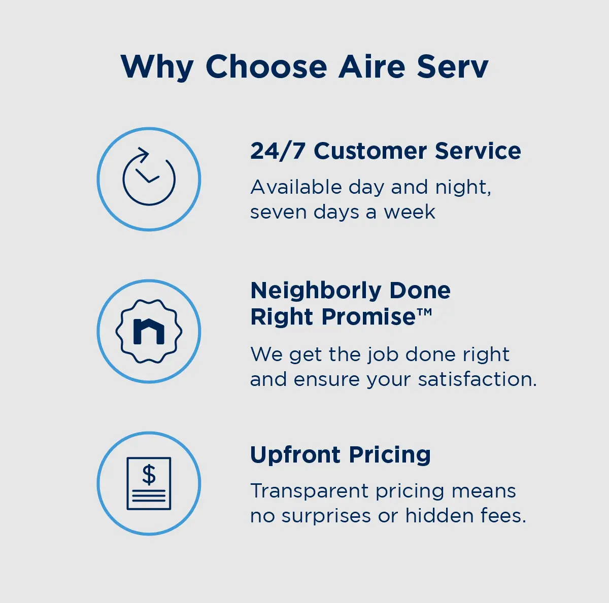 Choose Aire Serve for 24/7 customer service available day and night, seven days a week; the Neighborly Done Right Promise™, ensuring your satisfaction and that we get the job done right; and upfront pricing, for transparent pricing with no surprises or hidden fees.