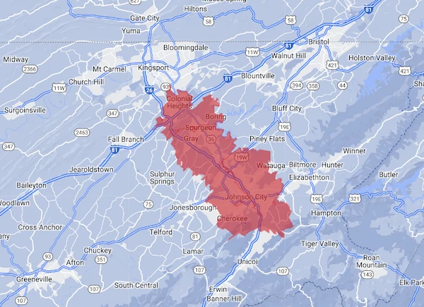 Map of Johnson City, Tennessee and surrounding areas served by Aire Serv of Johnson City.